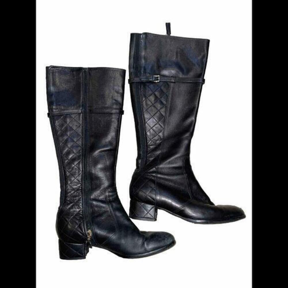 L.K.‎ BENNETT Black Leather Skinny Buckle Knee high Tall Quilted Riding Boots 38